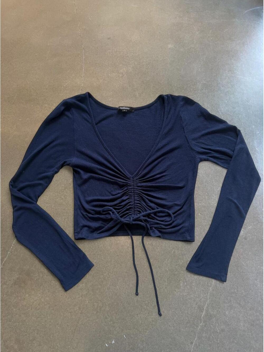 Ambiance Ruched Navy Long Sleeve Top | Women’s Size S